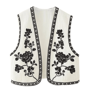 Broderad Dam Väst med Blommönster Svartvit Vintage Crop Beige / XS