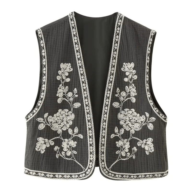Broderad Dam Väst med Blommönster Svartvit Vintage Crop Grå / XS