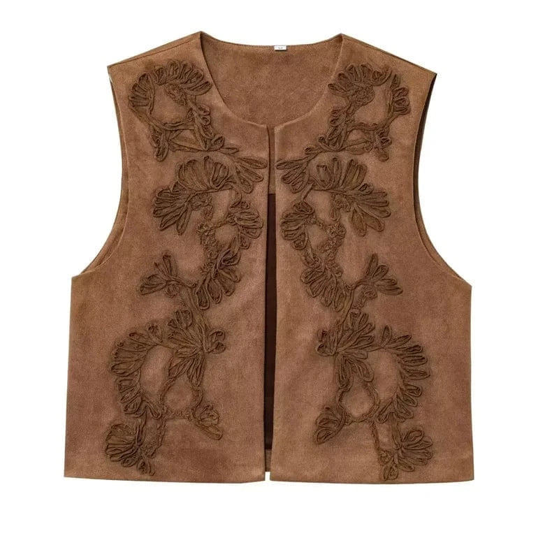 Broderad Fuskmocka Väst Dam Kort Modell