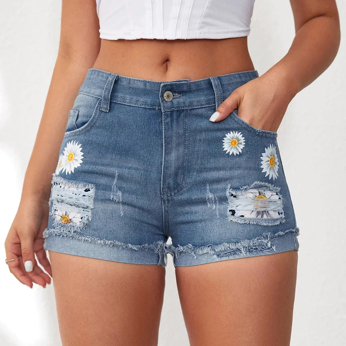 Broderade jeansshorts med blommor Blå / S