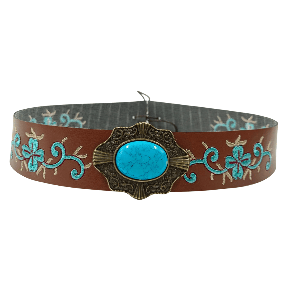 Broderat westernhattband med stor turkossten Brun och blå / 56-58cm