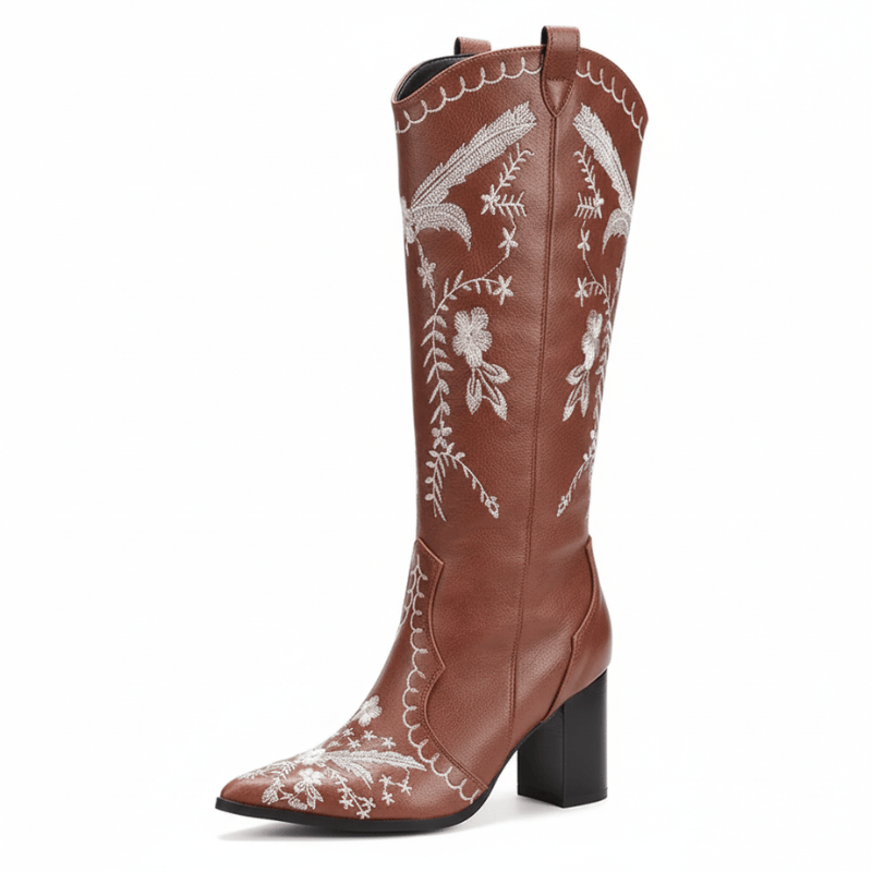Brun broderade cowboyboots tå och hög klack 8cm Brun / 35