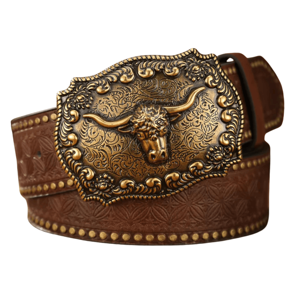 Brunt cowboyläderbälte Longhornhuvud / 120cm