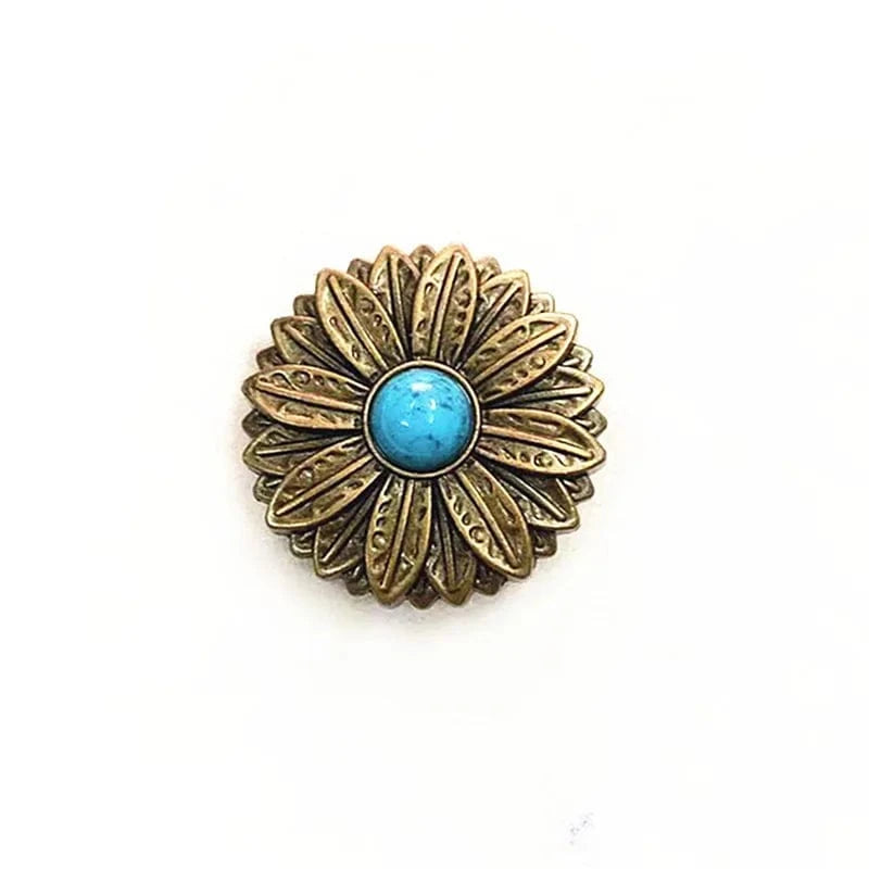 Concho i Mässing med Tribal Solblomma och Färgsten Antikguld och blå / 30mm
