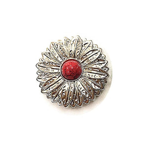 Concho i Mässing med Tribal Solblomma och Färgsten Silver och röd / 30mm