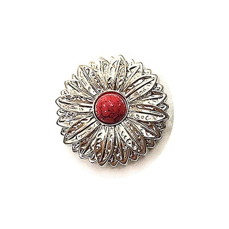 Concho i Mässing med Tribal Solblomma och Färgsten Silver och röd / 30mm