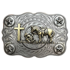 Cowboy Bältesspänne Böjande Man Kors Silver