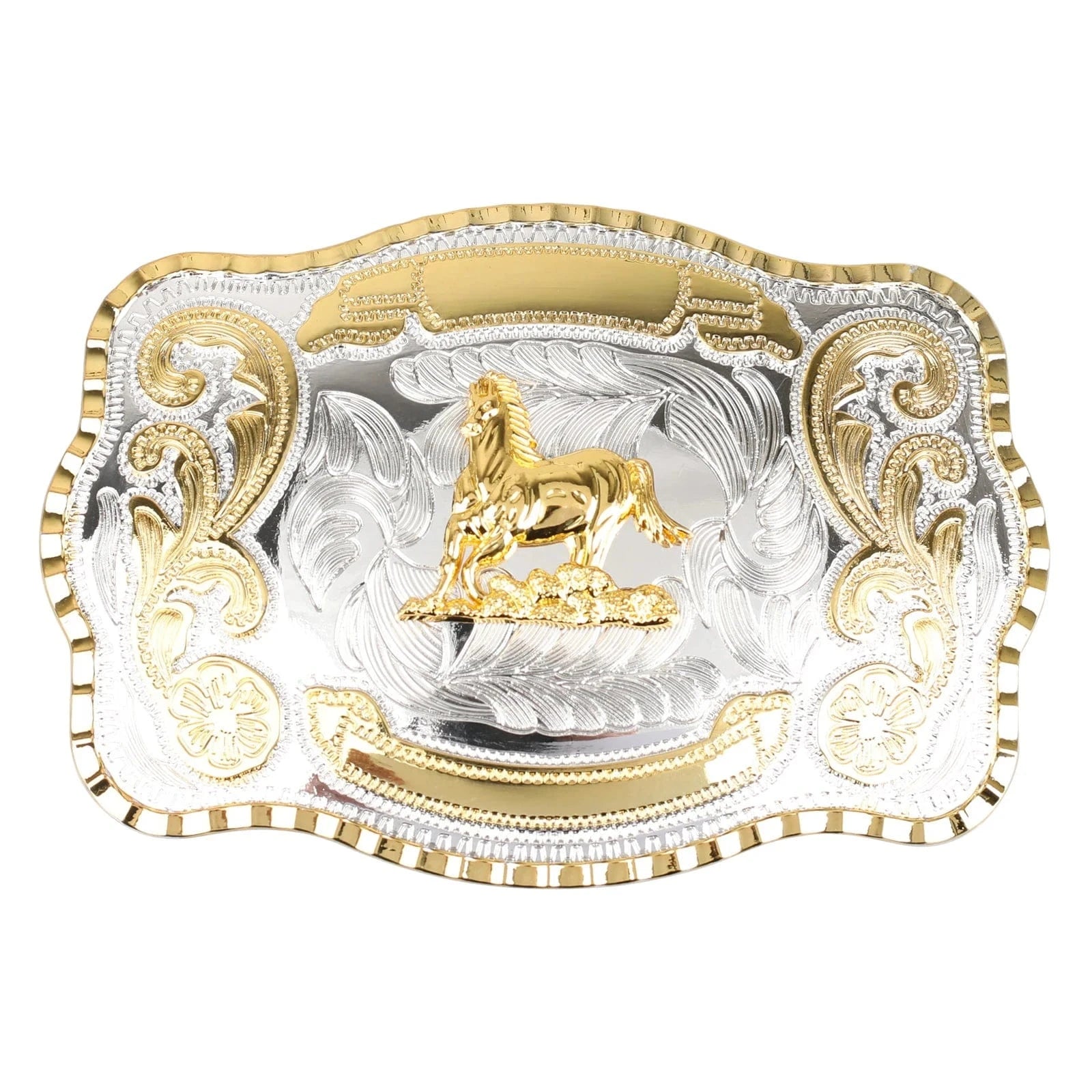 Cowboy Bältesspänne Guld Silver Djurmotiv och Blomgravyr En häst