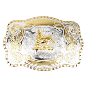 Cowboy Bältesspänne Guld Silver Djurmotiv och Blomgravyr En häst