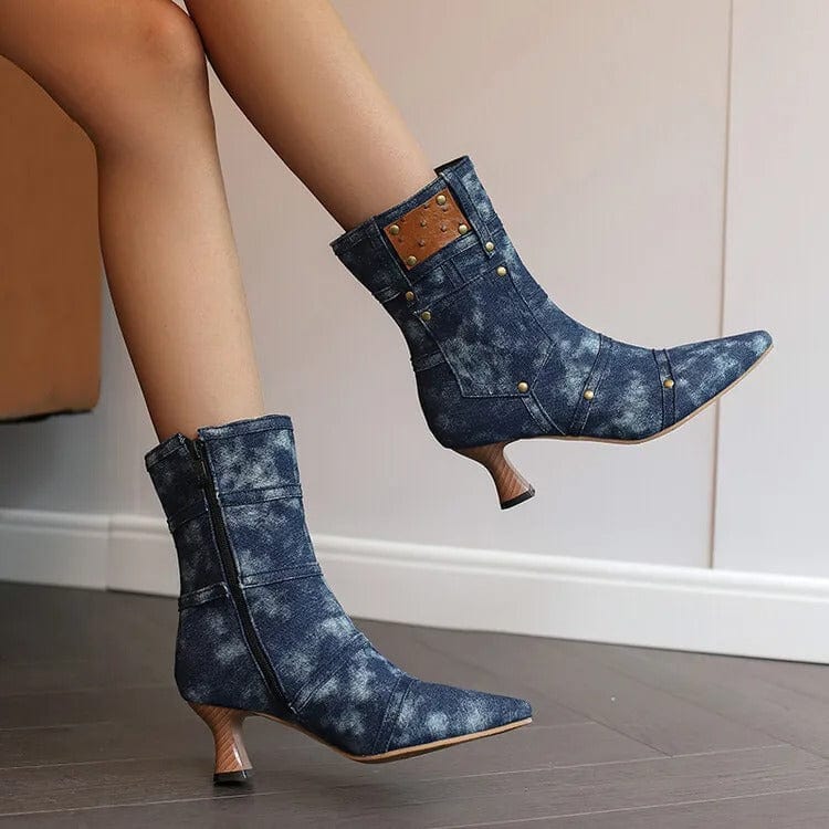 Cowboy stövletter i denim med ficka och nitar