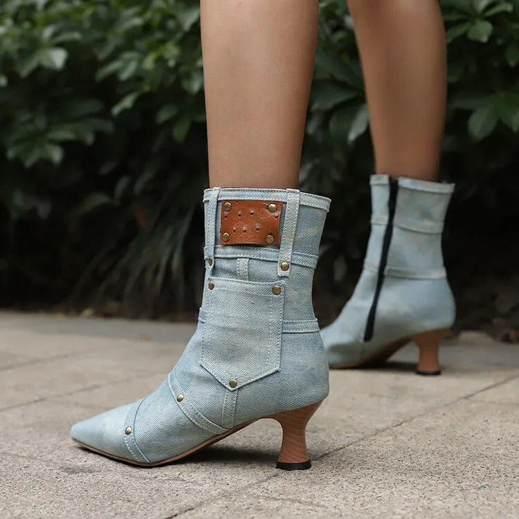 Cowboy stövletter i denim med ficka och nitar