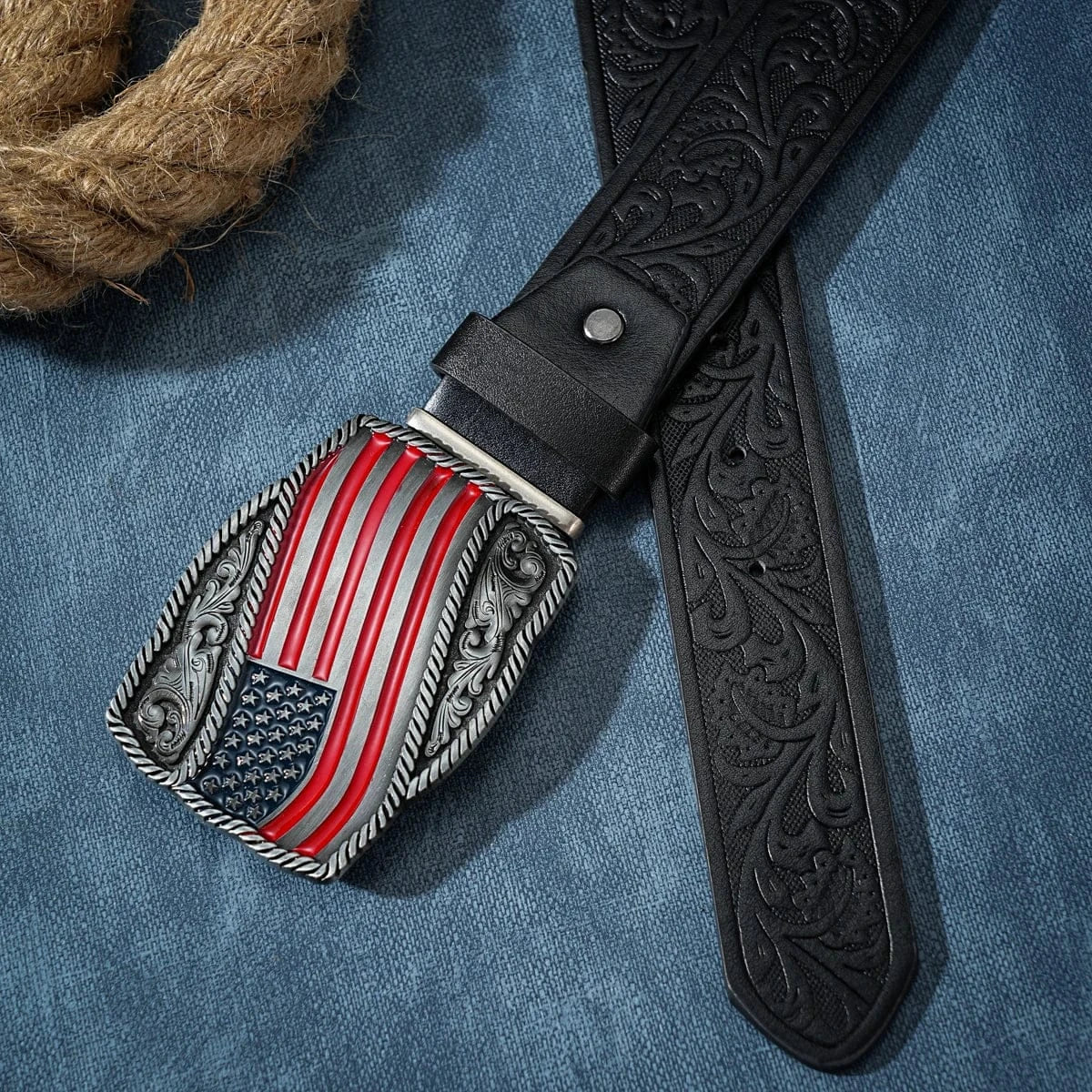 Cowboybälte Amerikansk flagga Svart / 120cm