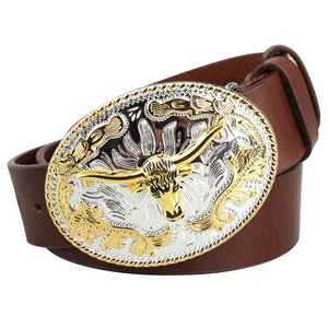 Cowboybälte i äkta kohud med djurmotiv Tjur Mörkbrun / 90cm