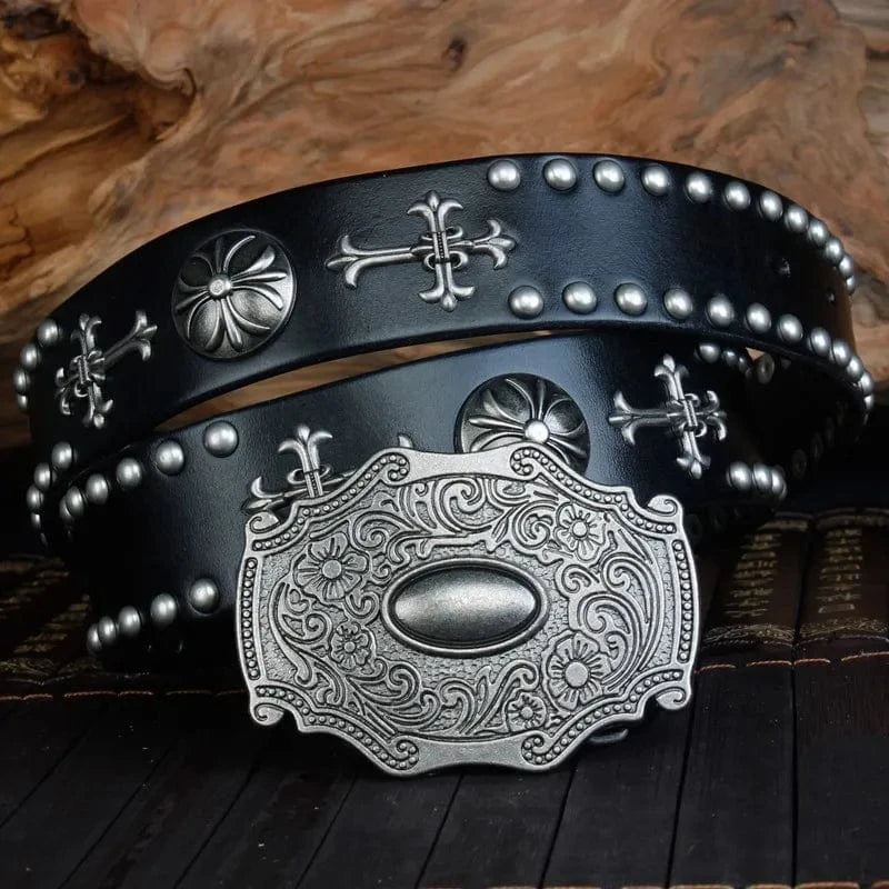 Cowboybälte i Nitat Läder med Gravyrspänne