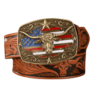 Cowboybälte med amerikansk flagga och Tjurspänne Guld  brun / 120cm