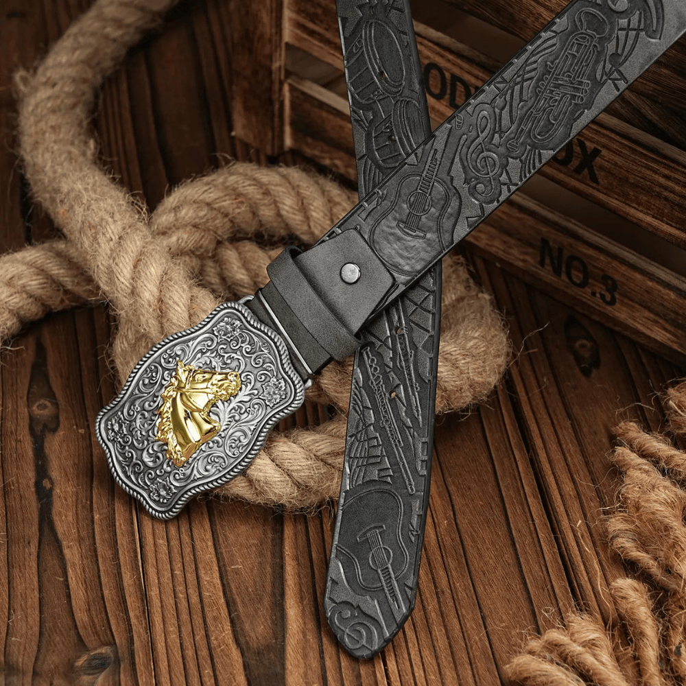 Cowboybälte med gyllene hästhuvud