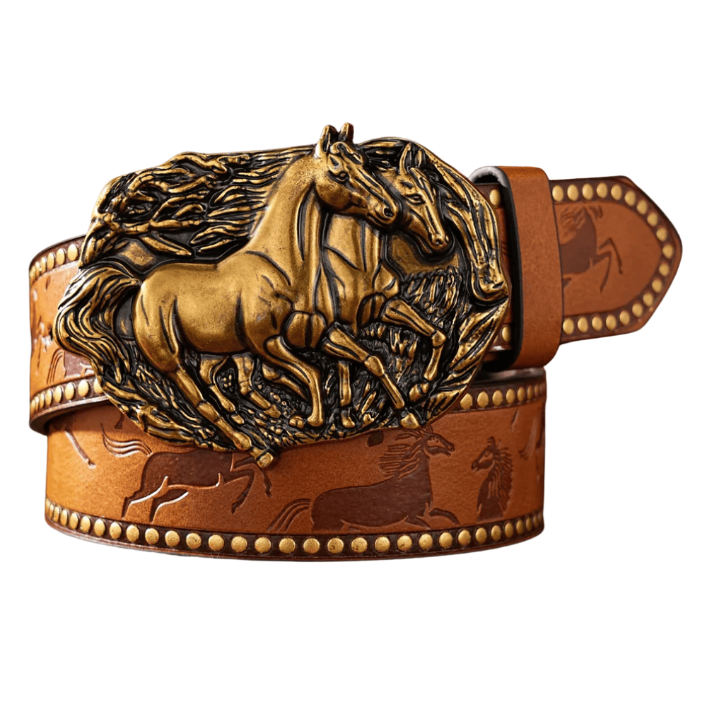 Cowboybälte med gyllene hästspänne Kamel / 120cm