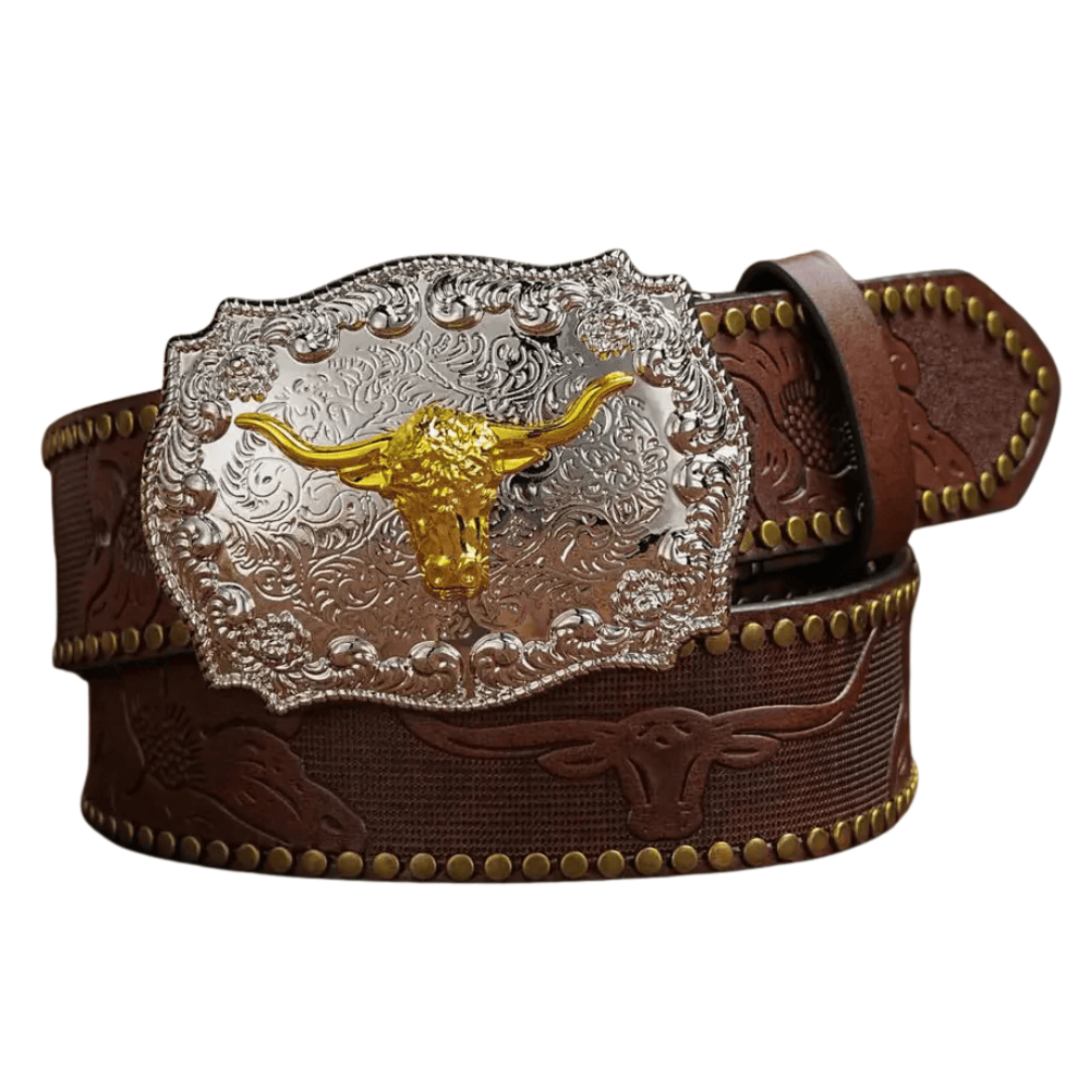 Cowboybälte med gyllene tjurhuvud Mörkbrun / 120cm