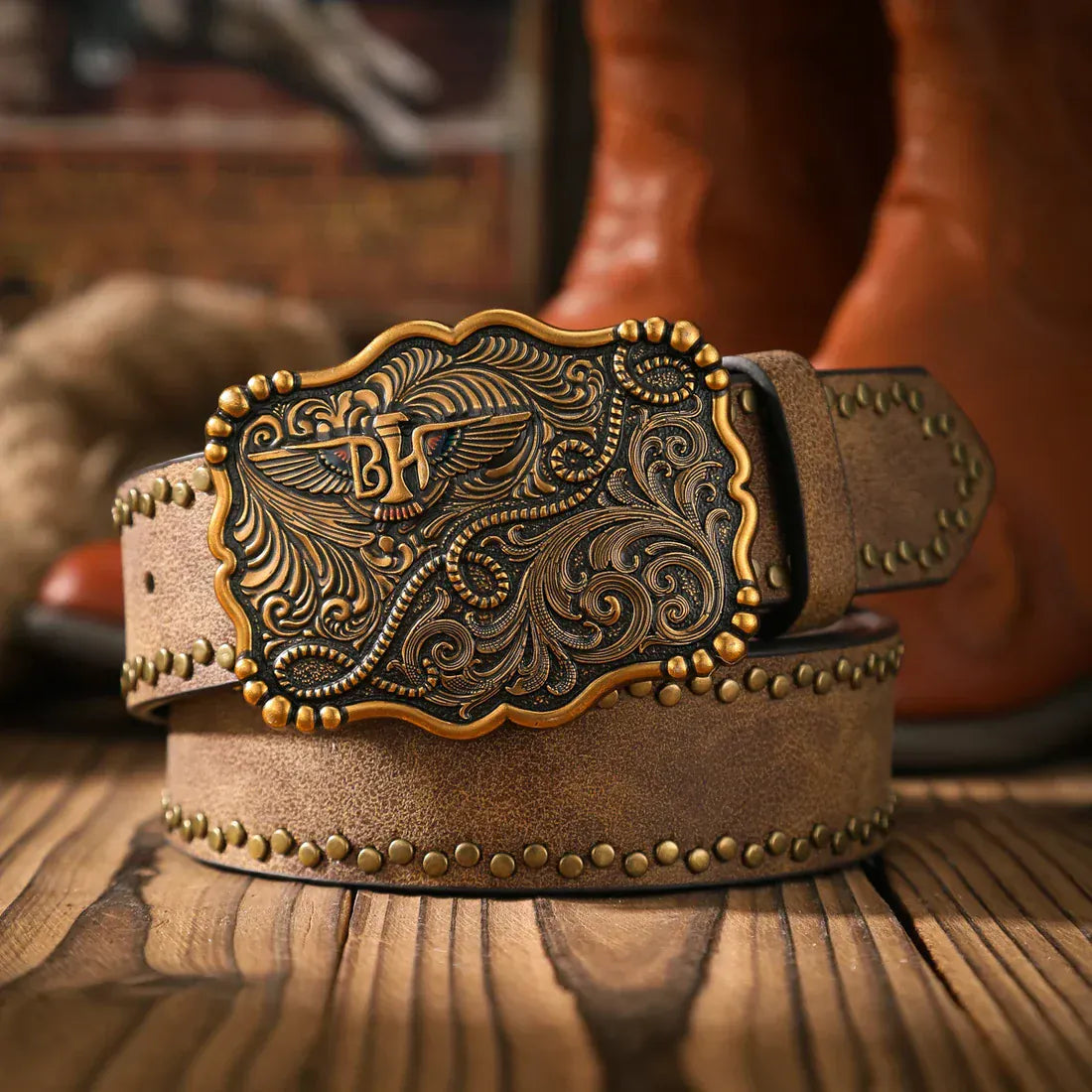 Cowboybälte med vintage spänne Ljusbruni gold / 120cm