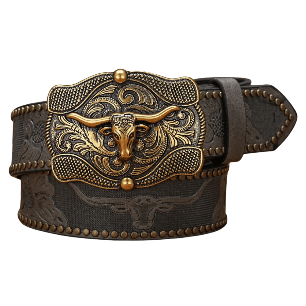 Cowboybälte skulpterat longhornspänne Grå / 120cm