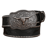 Cowboybältet med graverat longhornsspänne Svart / 120cm