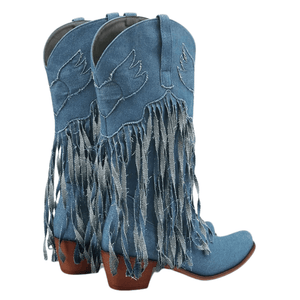 Cowboyboots i denim med fransar och blockklack