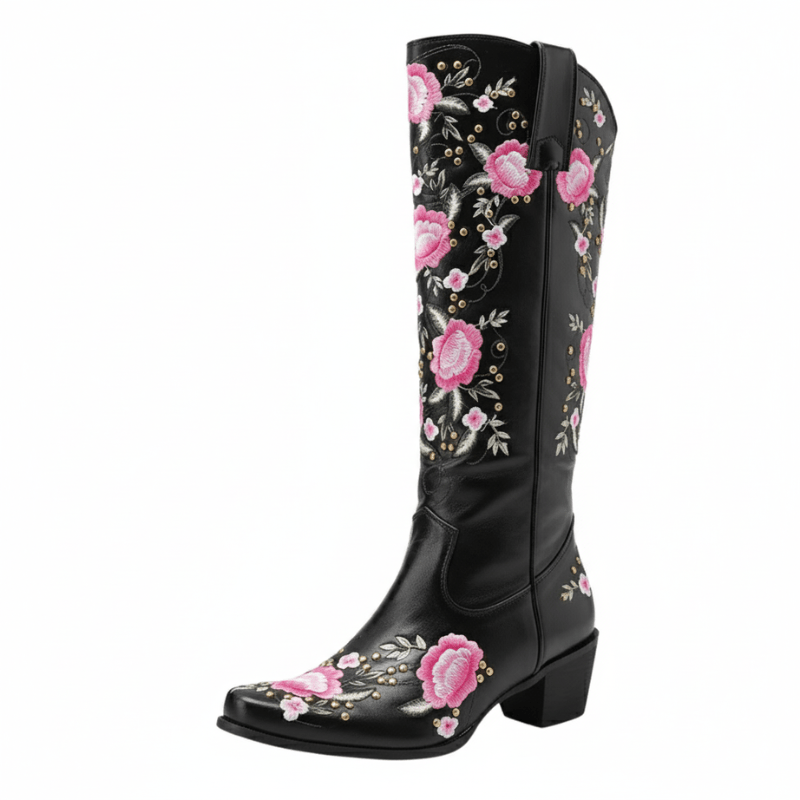 Cowboyboots med blombroderi och fransar