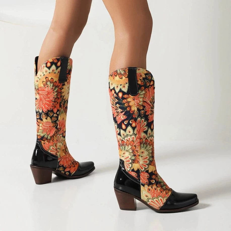 Cowboyboots med Blommönster och Fyrkantig Klack