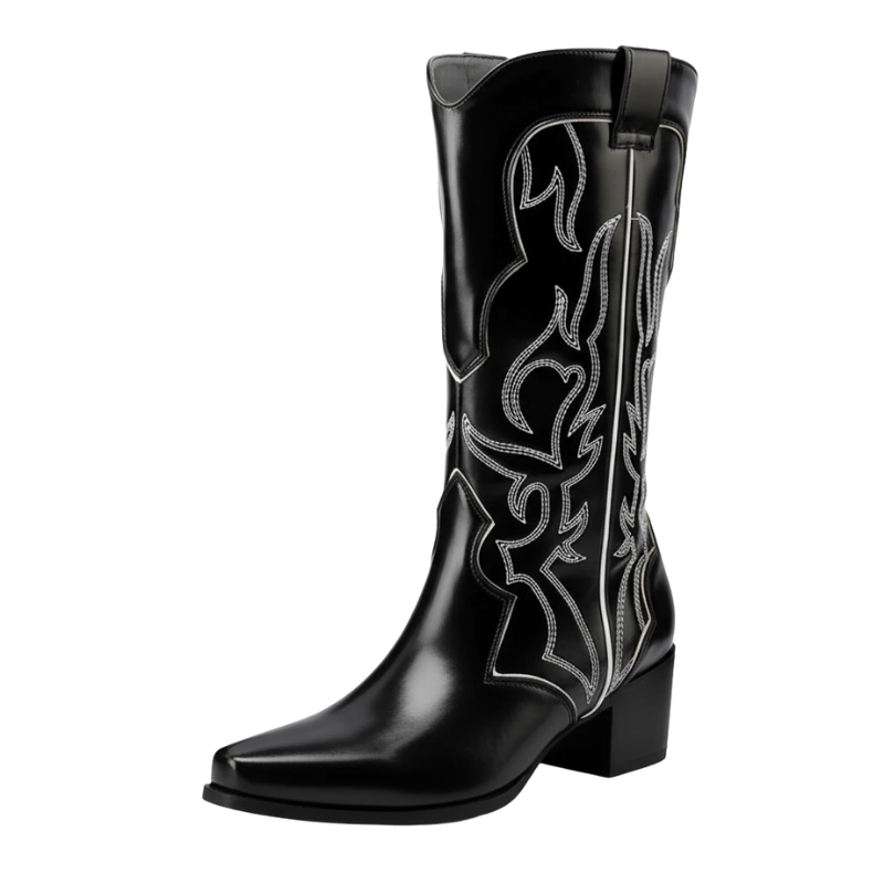 Cowboyboots med broderad westernstil i lyxigt läderlook Svart / 35