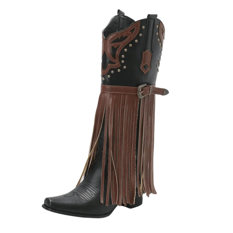 Cowboyboots med fransar och dekorativt spänne i vintage-stil Svart / 35