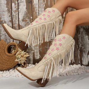 Cowboyboots med stjärnbroderi och långa fransar