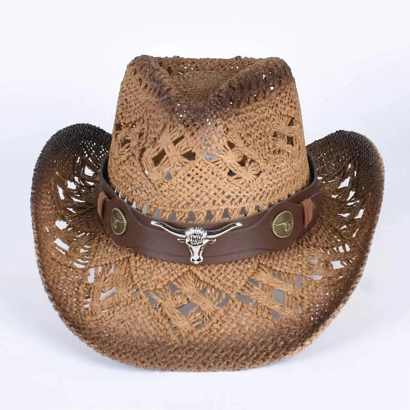 Cowboyhatt i flätad halm med tjurdetalj