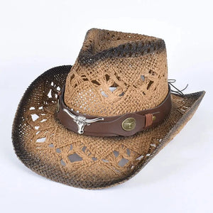 Cowboyhatt i flätad halm med tjurdetalj Brun-svart / Ungefär 58cm