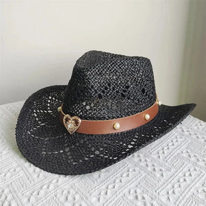 Cowboyhatt i halm med hjärta Svart
