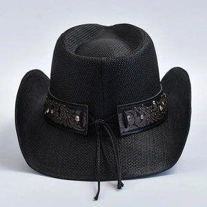 Cowboyhatt i svart flätad halmlook med hjärtspänne Svart / One Size