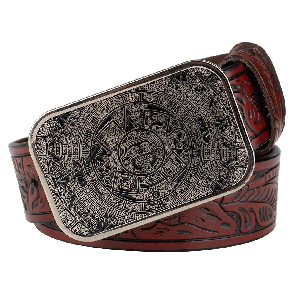 Cowboyläderbälte Aztekspänne Silver Rödbrun / 90cm