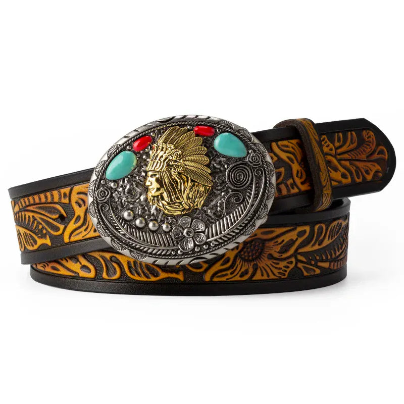 Cowboyläderbälte Indianhuvudspänne