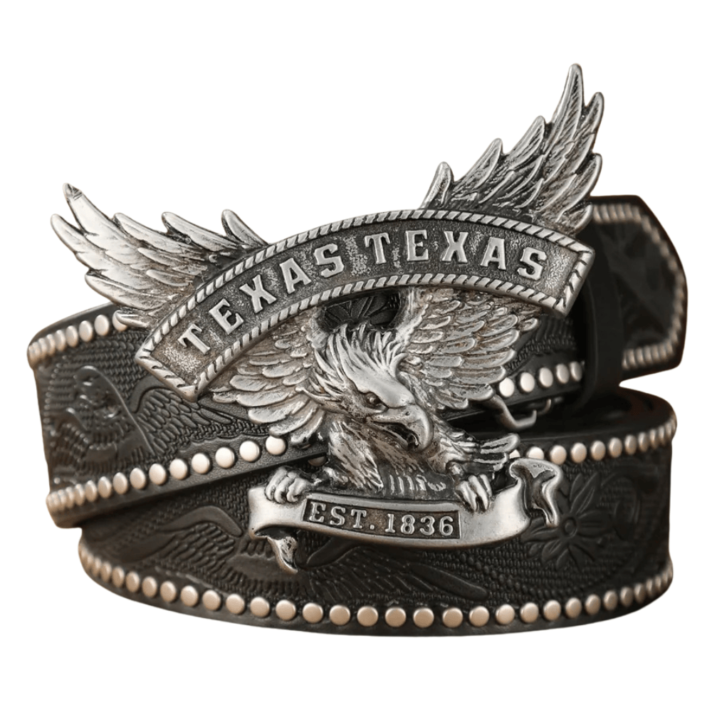 Cowboyläderbälte med Texas örnspänne Svart Silver / 120cm