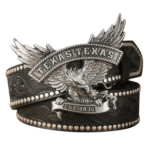 Cowboyläderbälte med Texas örnspänne Svart Silver / 120cm