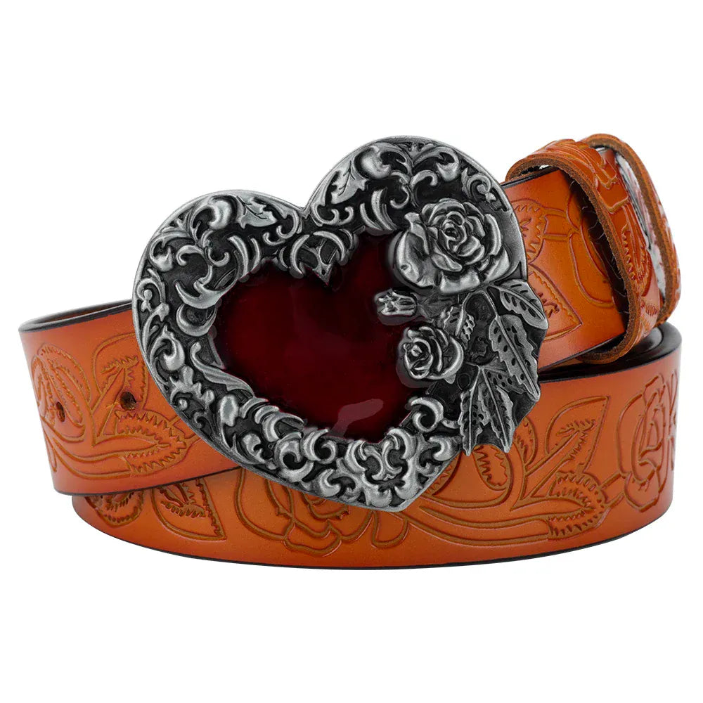 Cowboyläderbälte roshjärtspänne dam Silver Orange / 90cm
