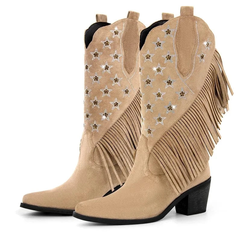 Cowgirl Boots med Amerikansk Flagga och Fransar