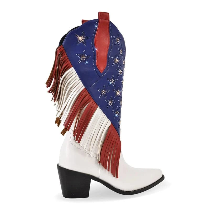 Cowgirl Boots med Amerikansk Flagga och Fransar