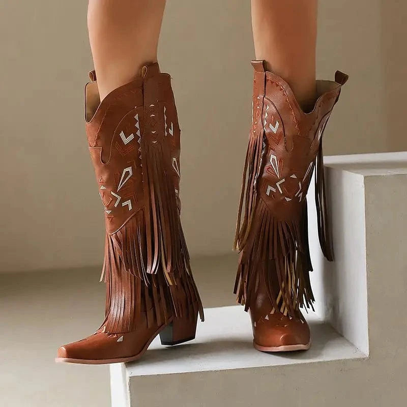 Cowgirl Boots med Fransar och Broderi