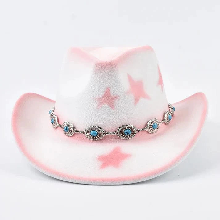 Cowgirlhatt i filt med rosa stjärnor Vit och rosa / Kan justeras