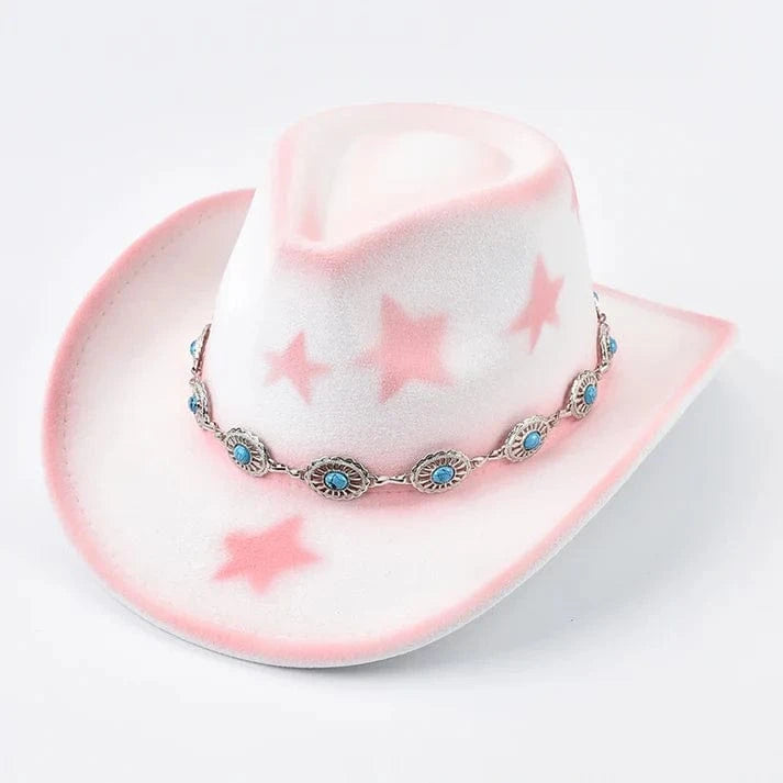 Cowgirlhatt i filt med rosa stjärnor Vit och rosa / Kan justeras