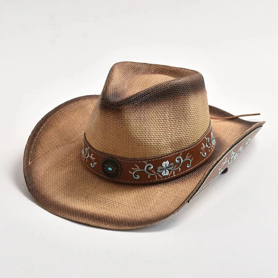 Cowgirlhatt med Blommig Brodyr Khaki / 56-58cm
