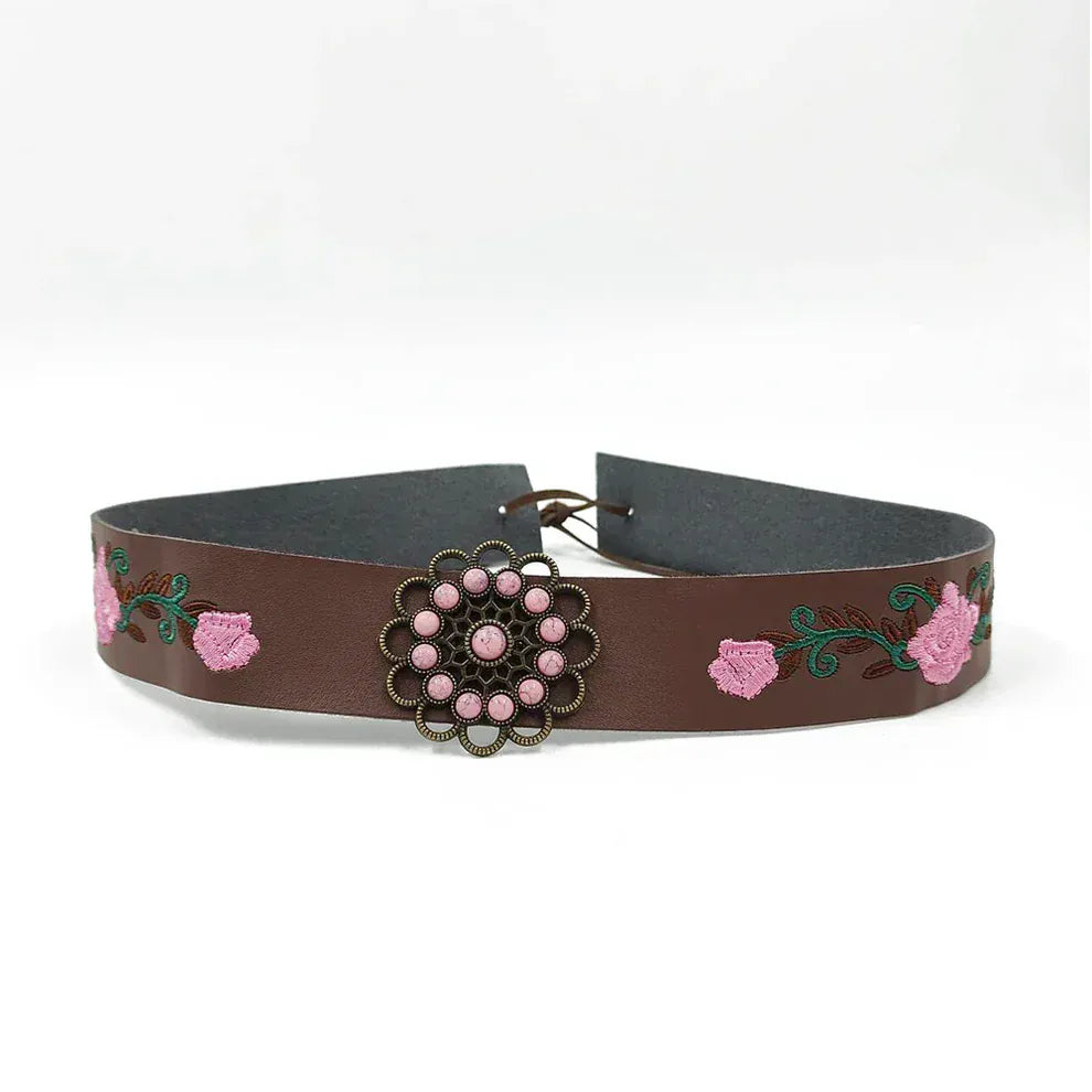 Cowgirlhattband broderade blommor Brun / 56-58cm