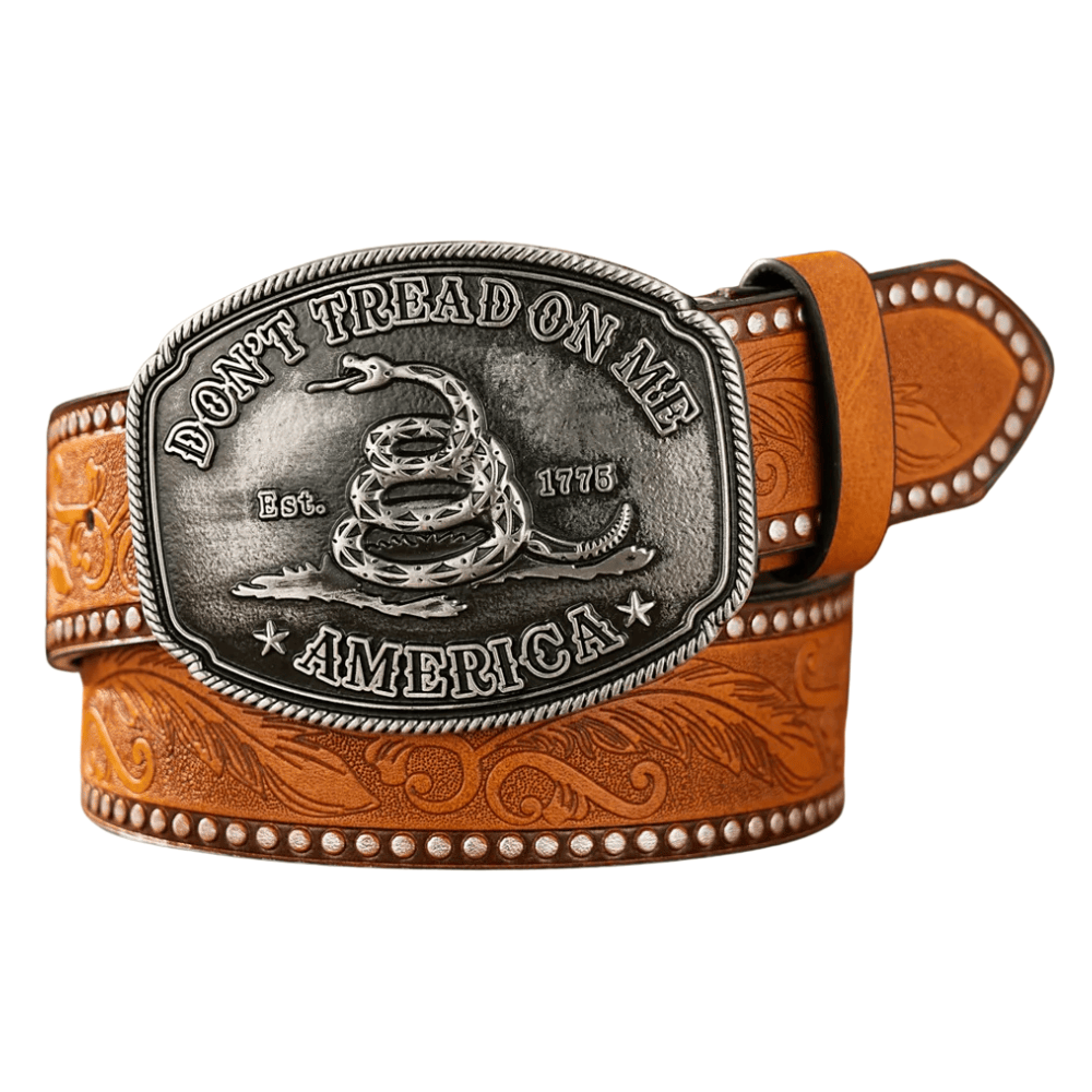 Don't Tread On Me cowboybälte med ormmotiv Kamel silver / 120cm