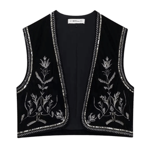Elegant Broderad Väst i Svart Svart / XS