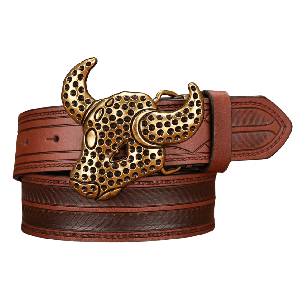 Elegant cowboybälte med gyllene tjurhuvudspänne Brun / 120cm